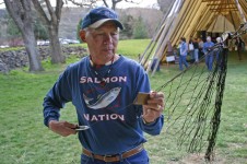 Warm Springs tribal elder Terry Courtney, Jr. demonstrating how to tie a net at the Celilo Falls Inundation 50th Anniversary Commemoration.